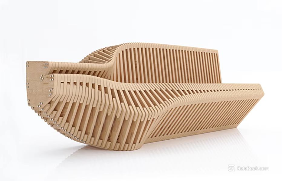 Modern Wooden Outdoor Chair With Slatted Curved Structure And Unique Design 3d model 