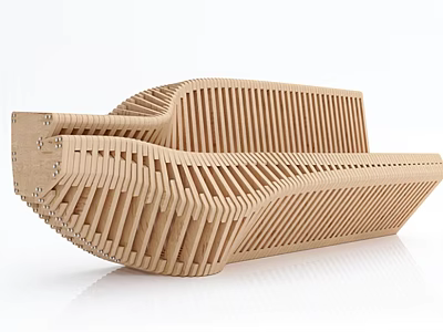 Modern Wooden Outdoor Chair With Slatted Curved Structure And Unique Design 3d model