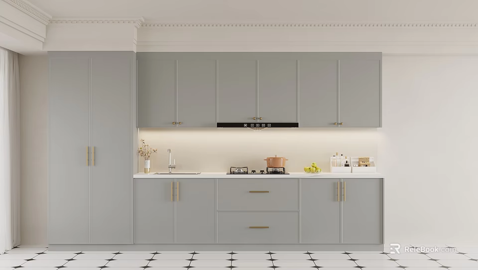 Modern Kitchen Interior With Upper And Lower Gray Cabinets Countertop And Appliances 3d model