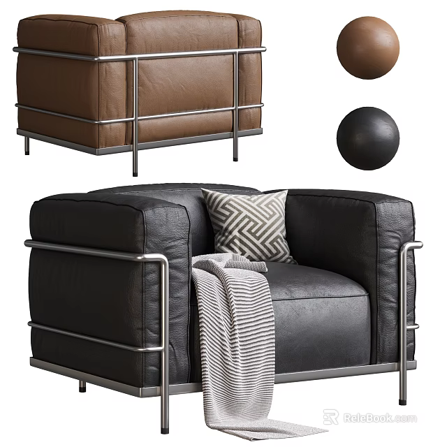 Modern Black Leather Single Sofa With Metal Frame Geometric Pillow And Striped Throw Blanket 3d model 