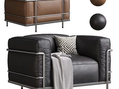Modern Black Leather Single Sofa With Metal Frame Geometric Pillow And Striped Throw Blanket 3d model