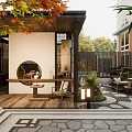 Modern Garden Courtyard With Maple Leaves Wooden Deck Stone Path And Green Plants