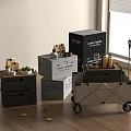 Moving Boxes And Storage Cart With Kitchen Items Avocado Jars On Wooden Floor Near Window