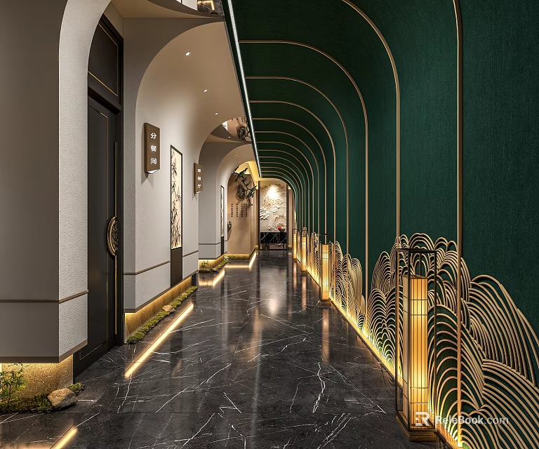 Elegant Modern Elevator Hallway Interior With Green Walls Golden Arched Decor And Marble Flooring 3d model 