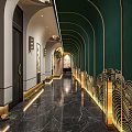 Elegant Modern Elevator Hallway Interior With Green Walls Golden Arched Decor And Marble Flooring