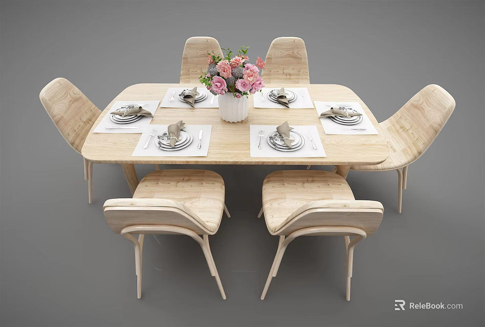 Light Wood Dining Table Set With Six Chairs Tableware Napkins And Pink Flower Vase 3d model 