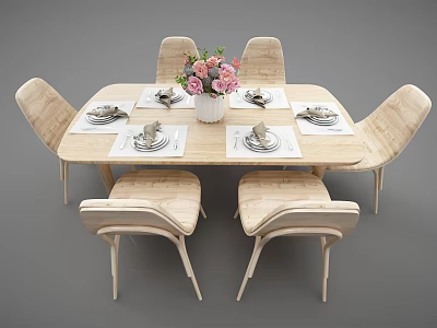 Light Wood Dining Table Set With Six Chairs Tableware Napkins And Pink Flower Vase 3d model