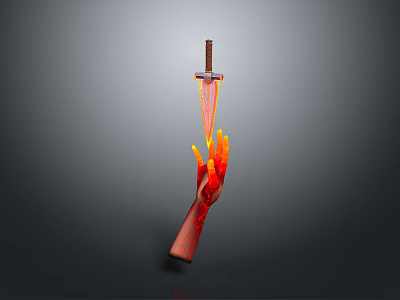 Flaming Sword Held by a Hand with Fiery Effect on Gray Gradient Background 3d model