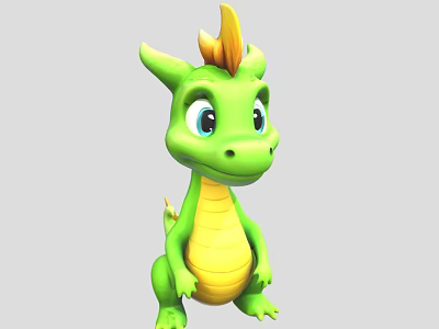 Cute Green Dragon Character with Yellow Belly Spiky Crown Big Blue Eyes and Friendly Expression 3d model