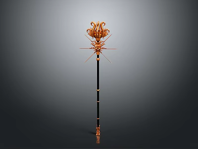 Ornate Golden Staff Weapon With Black Shaft And Intricate Top Design 3d model