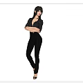 Woman In Black Tight Suit And High Heels Posing In Different Angles Against Dark Background
