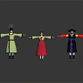 Traditional Asian Clothing Featuring Colorful Robes and Hats on Three Figures with Arms Outstretched