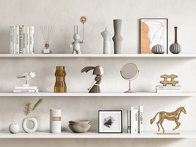 Decorative Ornament Combination For Shelf With Books Rabbit Figurine Vases Mirror And Horse 3d model