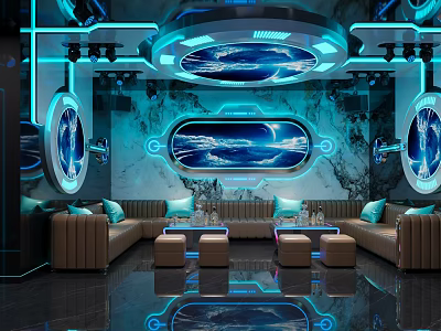 Luxury KTV Interior With Blue Neon Lights Circular Screens And Leather Seats 3d model