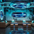 Luxury KTV Interior With Blue Neon Lights Circular Screens And Leather Seats