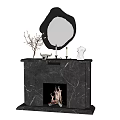 Elegant Marble Fireplace With Decorative Mirror Vase And Statue On Mantel And Burning Fire Inside