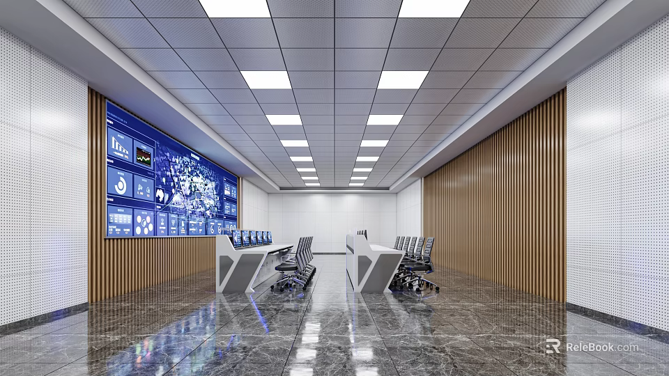 Modern Monitoring Room Interior With Large Display Wall Console Chairs And Marble Floor 3d model 