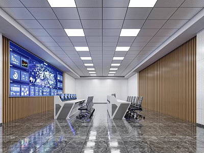 Modern Monitoring Room Interior With Large Display Wall Console Chairs And Marble Floor 3d model