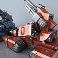 Detailed Blue and Red Tank Models with Cannons and Tracks in Mechanical Sci Fi Design