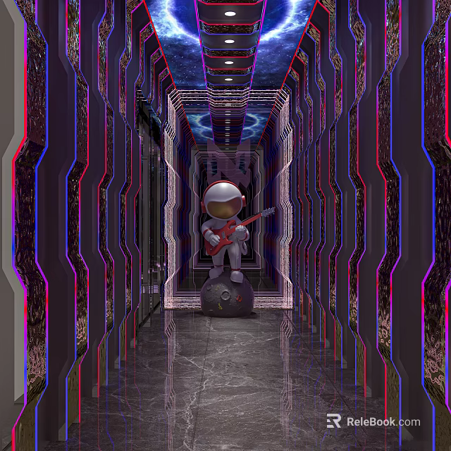 Bar Hallway Featuring Astronaut With Guitar Purple Red Lighting and Smooth Marble Floor 3d model 