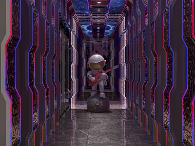 Bar Hallway Featuring Astronaut With Guitar Purple Red Lighting and Smooth Marble Floor 3d model