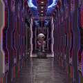 Bar Hallway Featuring Astronaut With Guitar Purple Red Lighting and Smooth Marble Floor