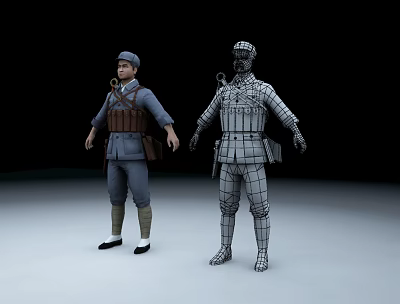 Game And Movie Characters Featuring Blue Uniform With Backpack Hat And Wireframe Model Figure 3d model
