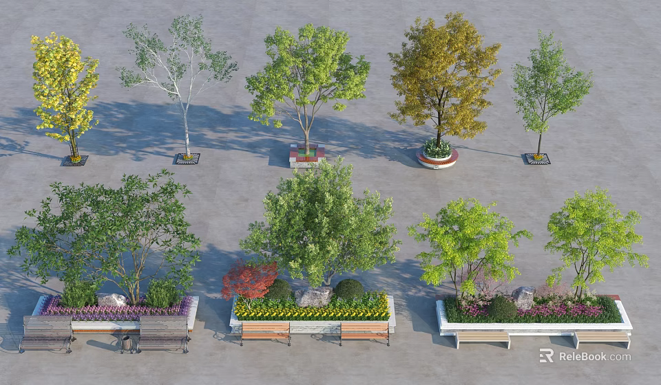 Decorative Tree Planters Featuring Various Trees And Wooden Benches With Ornamental Plants 3d model 