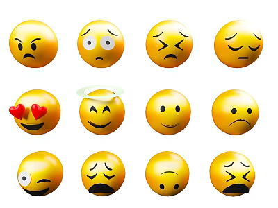 Cute Yellow Emoji Decorative Ornament Set With Various Facial Expressions 3d model