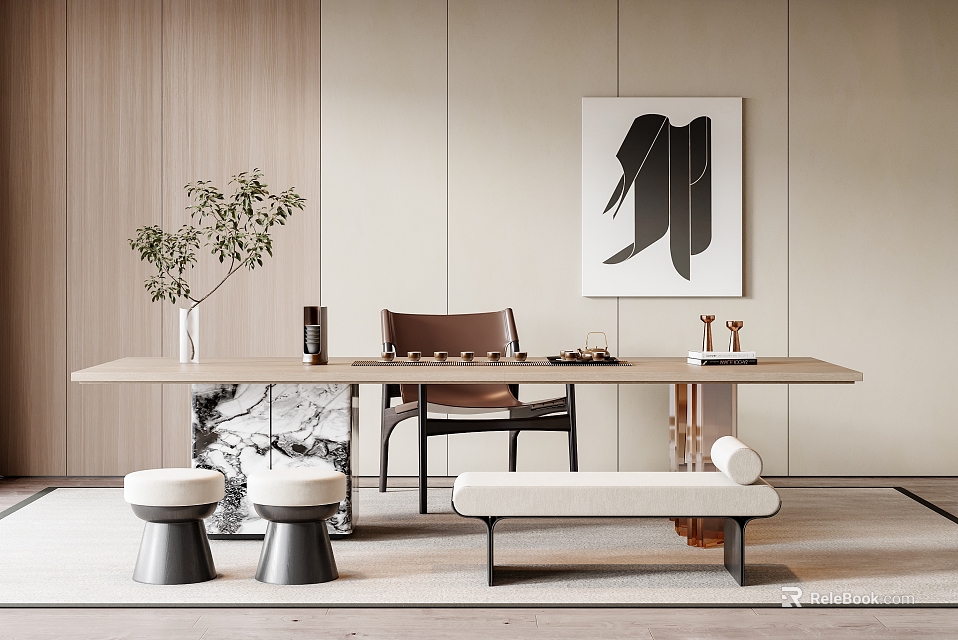 Modern Tea Table And Chairs With Marble Top Leather Chair Stools And Decorative Painting 3d model 