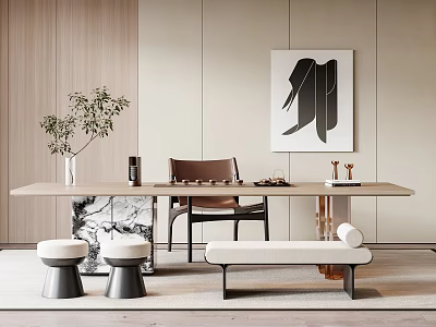 Modern Tea Table And Chairs With Marble Top Leather Chair Stools And Decorative Painting 3d model