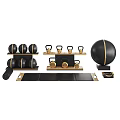 Modern Home Gym Equipment Set With Black Gold Dumbbells Exercise Ball Yoga Mat And Shelves