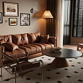 Modern Living Room Interior With Brown Leather Sofa Round Coffee Table And Diamond Pattern Rug