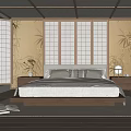 Japanese Style Bedroom with Yellow Bamboo Walls Wooden Lattice Ceiling Shoji Doors Wooden Bed Light Rug