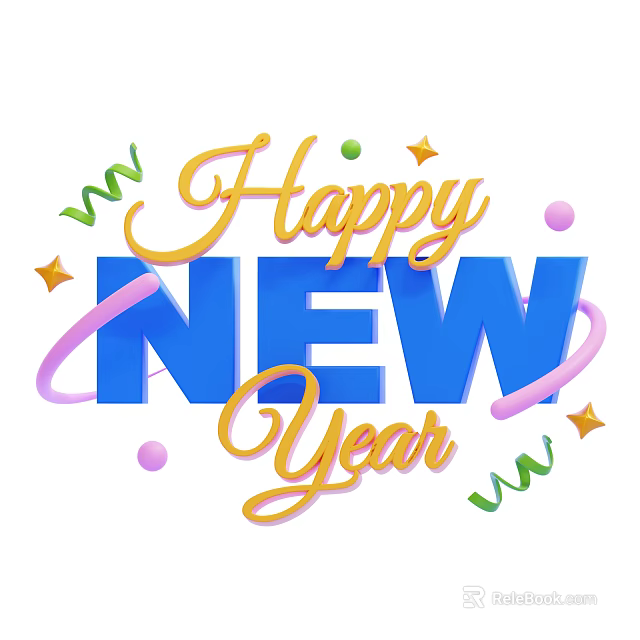 Happy New Year Themed Decorative Ornament Set with Artistic Lettering Colorful Stars and Spirals 3d model 