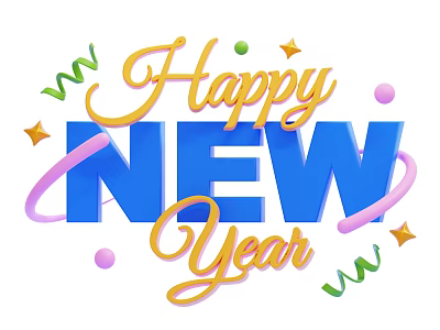 Happy New Year Themed Decorative Ornament Set with Artistic Lettering Colorful Stars and Spirals 3d model