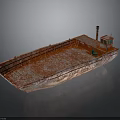 Old Red Rusted Ship With Small Cabin And Open Deck On Gray Background