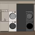 Modern Laundry Room With Stacked Washing Machines Dryers White Dark Cabinets And Storage