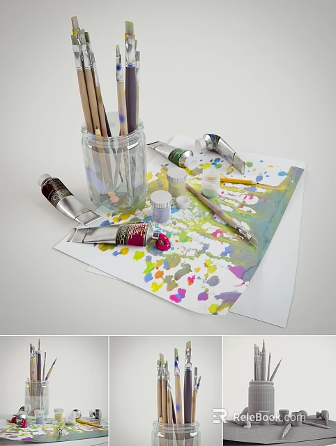 Artistic Drawing Pens in Glass Jar with Watercolor Paint Tubes and Colorful Palette Paper 3d model 