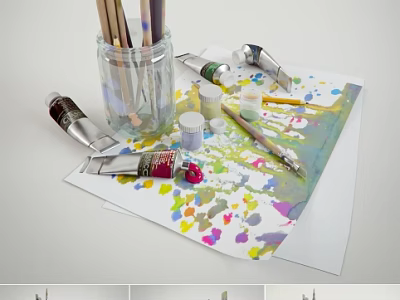 Artistic Drawing Pens in Glass Jar with Watercolor Paint Tubes and Colorful Palette Paper 3d model