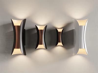 Modern Curved Wall Lights in Black Brown Silver with Warm Yellow Lighting on Gray Wall 3d model