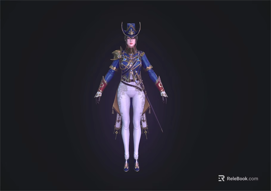Elegant Woman In Blue Top White Pants With Decorative Hat Holding Sword 3d model 