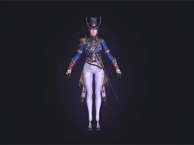 Elegant Woman In Blue Top White Pants With Decorative Hat Holding Sword 3d model