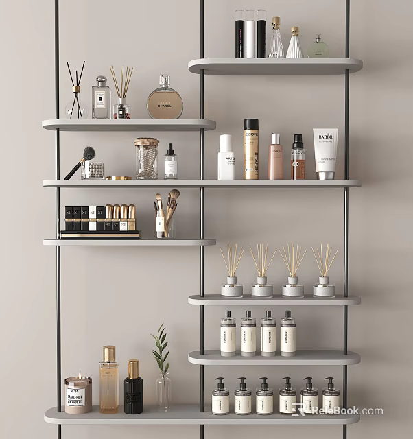 Stylish Modern Perfume Cosmetics Shelf Display With Perfume Bottles Reed Diffusers And Makeup Brushes 3d model