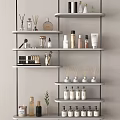 Stylish Modern Perfume Cosmetics Shelf Display With Perfume Bottles Reed Diffusers And Makeup Brushes 3d model