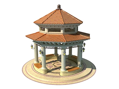 Traditional Pavilion With Red Tiled Roof Multi-tiered Structure Circular Base Columns And Lanterns 3d model