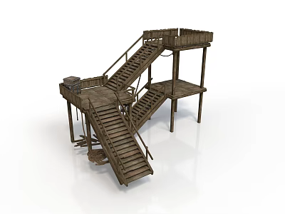 Wooden Elevated Platform Structure With Multiple Staircases And Layered Railings 3d model