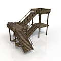 Wooden Elevated Platform Structure With Multiple Staircases And Layered Railings