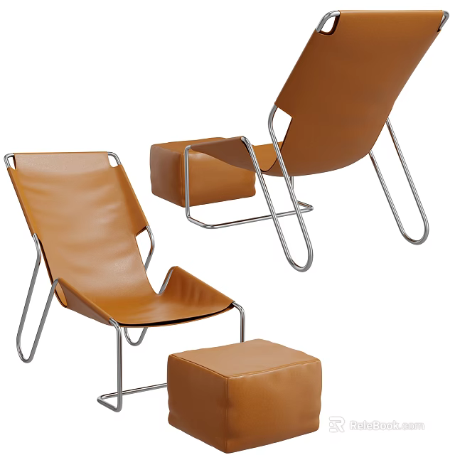 Stylish Brown Leather Lounge Chair With Silver Metal Frame And Ottoman 3d model 