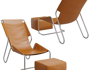 Stylish Brown Leather Lounge Chair With Silver Metal Frame And Ottoman 3d model